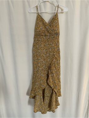 Yellow Floral Print High-Low Dress with Ruffle Hem